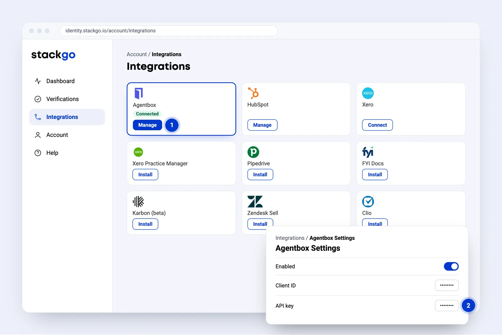 StackGo Integrations page with the Agentbox card connected, and Agentbox Settings with Enabled on, the Client ID and the API key.