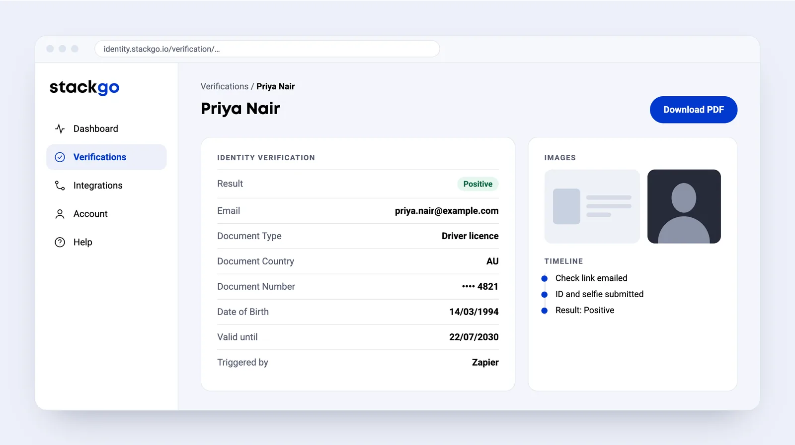 The verification report in StackGo: result Positive, document type, country, number, date of birth, expiry, the ID and selfie images, and a Download PDF button.