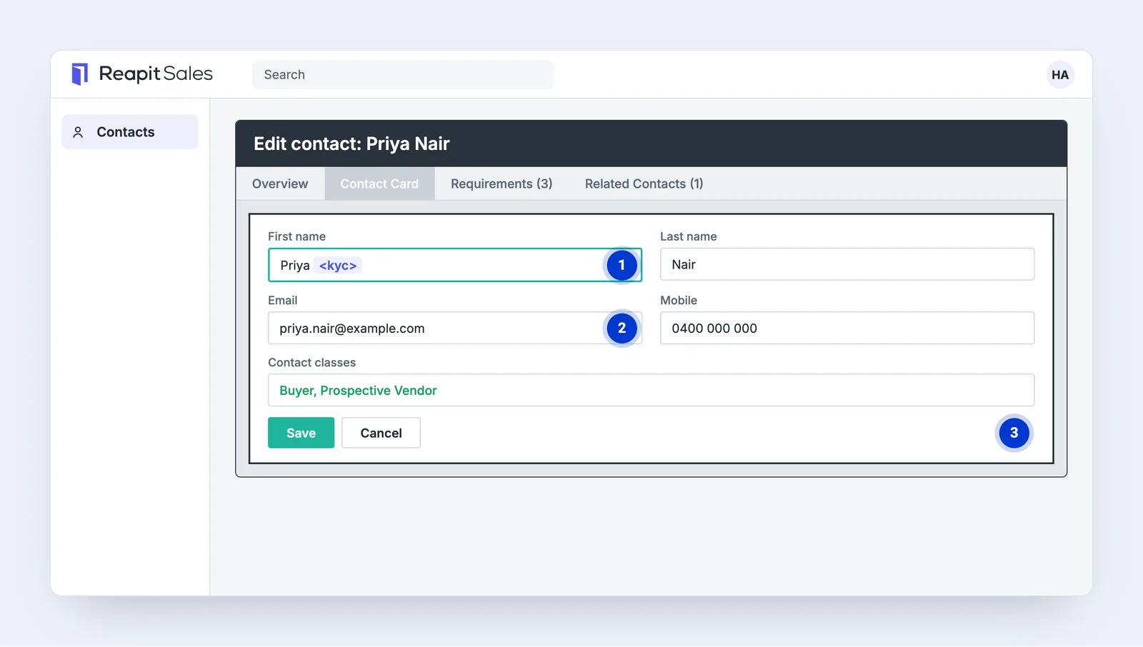 Editing an Agentbox contact: the first name reads Priya <kyc>, with the email field and the Save button.
