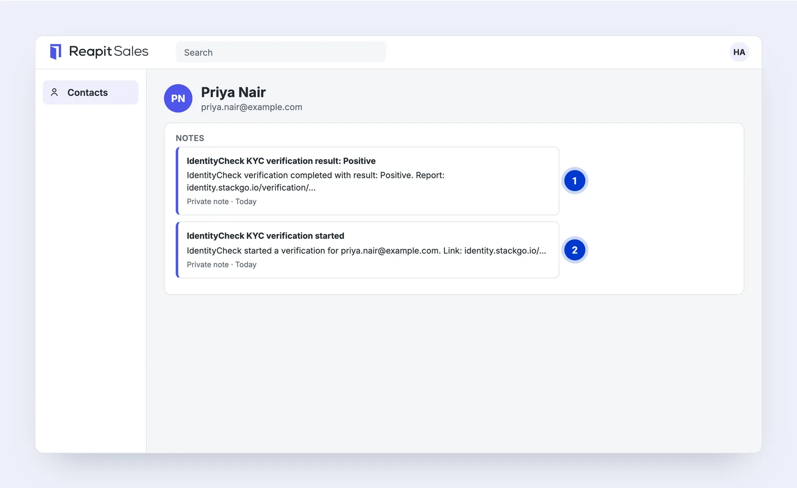 The Agentbox contact’s notes: IdentityCheck KYC verification result: Positive, and the earlier note recording that the check started.