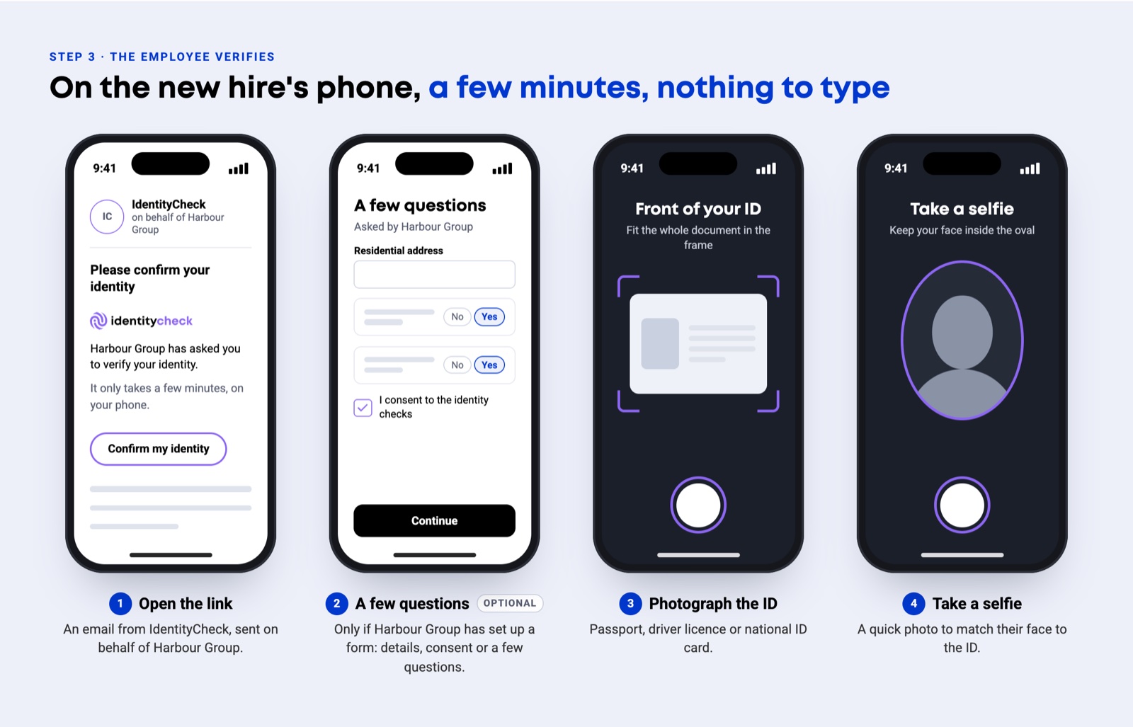 On the new hire's phone: open the email from IdentityCheck, answer a short form if the employer has set one up, photograph the ID, then take a selfie.