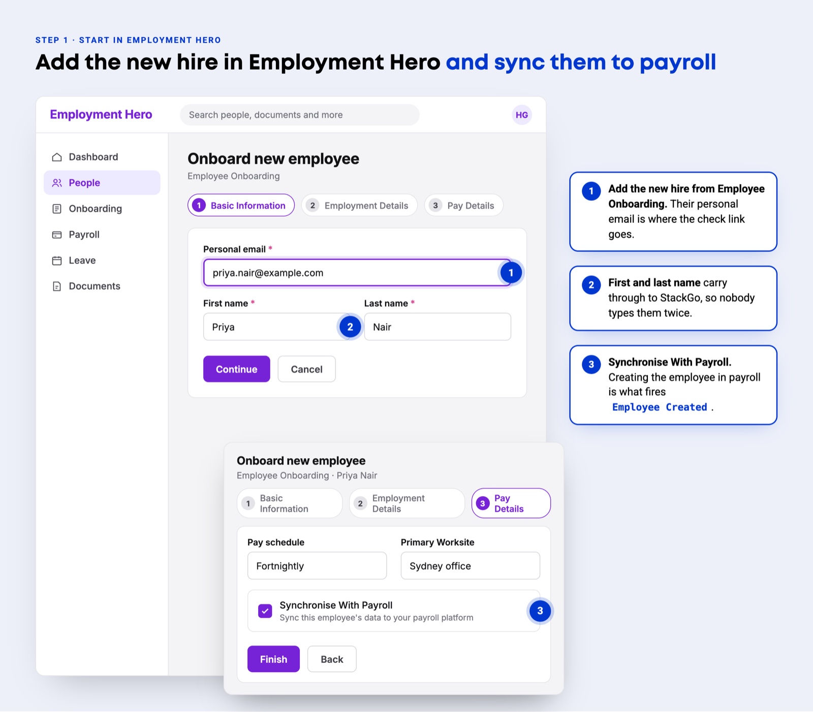Employment Hero Onboard new employee screen. Basic Information takes the personal email, first name and last name. On Pay Details, Synchronise With Payroll is ticked, which creates the employee in payroll and fires Employee Created.
