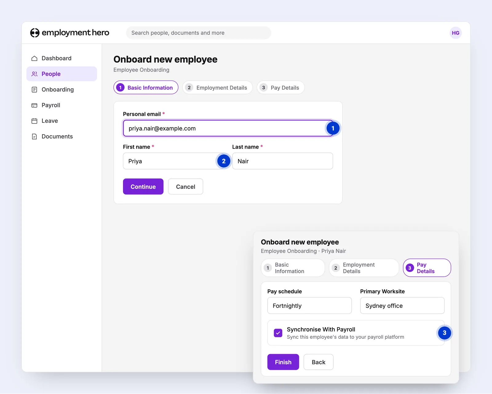 Employment Hero Onboard new employee screen, with pins on the personal email, the first name and the Synchronise With Payroll tick box on Pay Details.