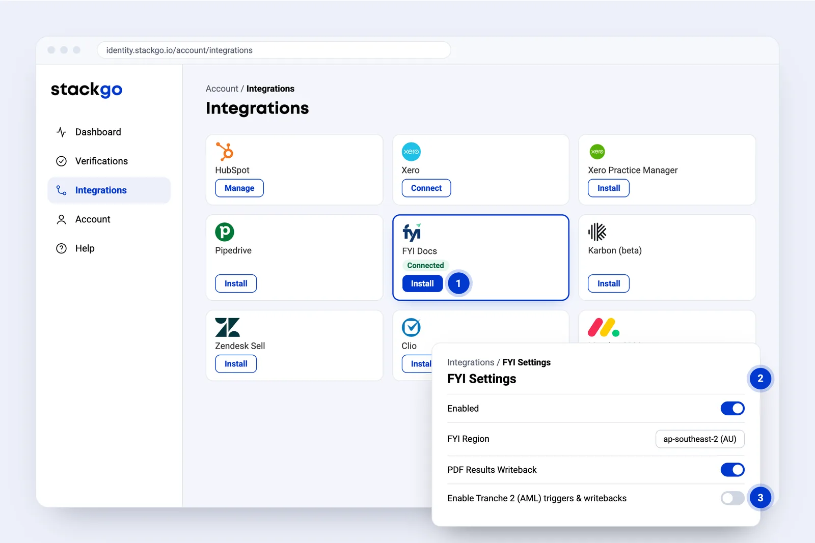 StackGo Integrations page with the FYI Docs card connected, and FYI Settings with PDF Results Writeback on and the Tranche 2 (AML) option.