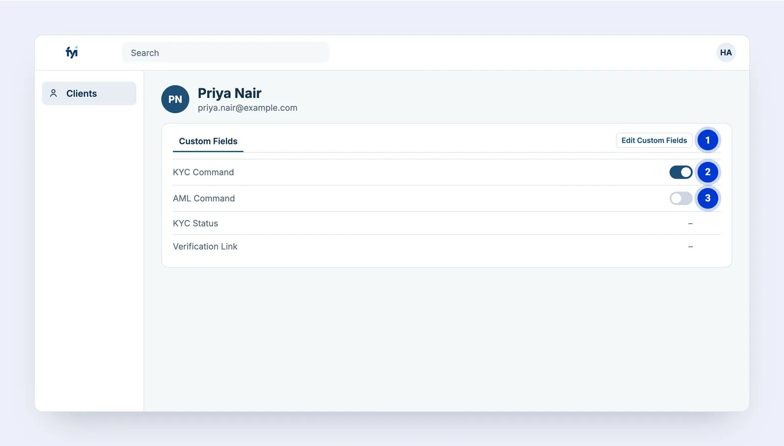 An FYI client’s Custom Fields tab with KYC Command turned on, AML Command off, KYC Status and Verification Link, and the Edit Custom Fields button.