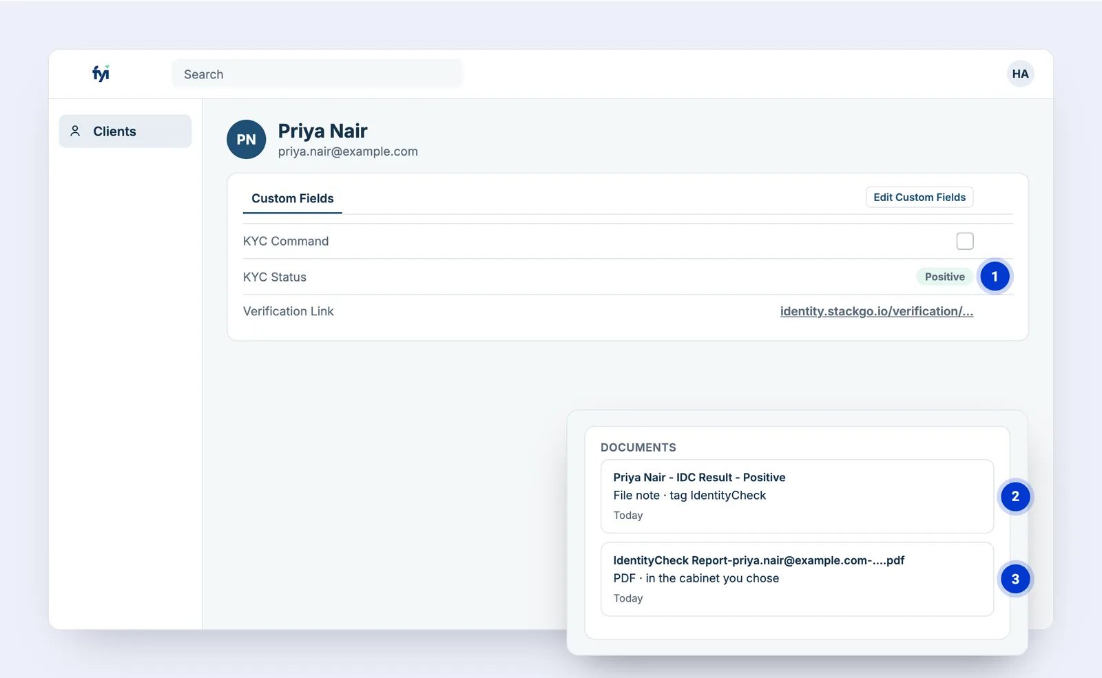 The FYI client after the check: KYC Status Positive, the Verification Link, a file note titled with the result and the report PDF.