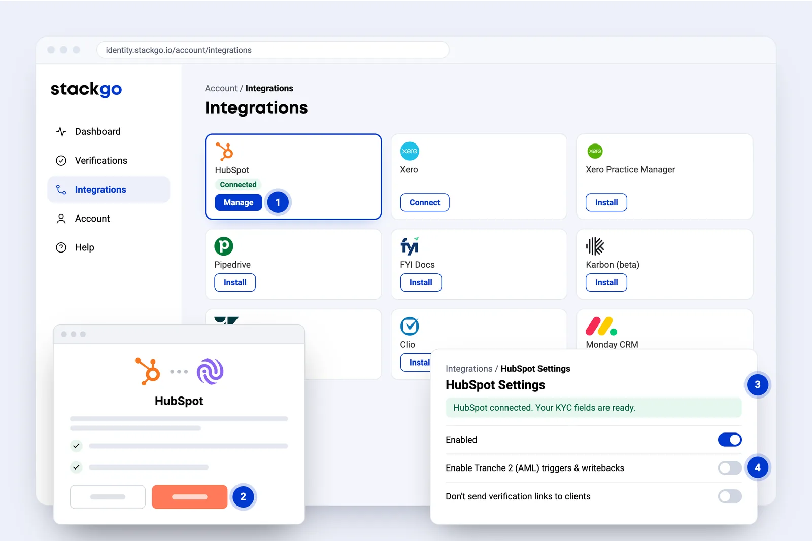 StackGo Integrations page with the HubSpot card connected, the HubSpot sign-in pop-up that opens on install, and HubSpot Settings showing Enabled and the Tranche 2 option.