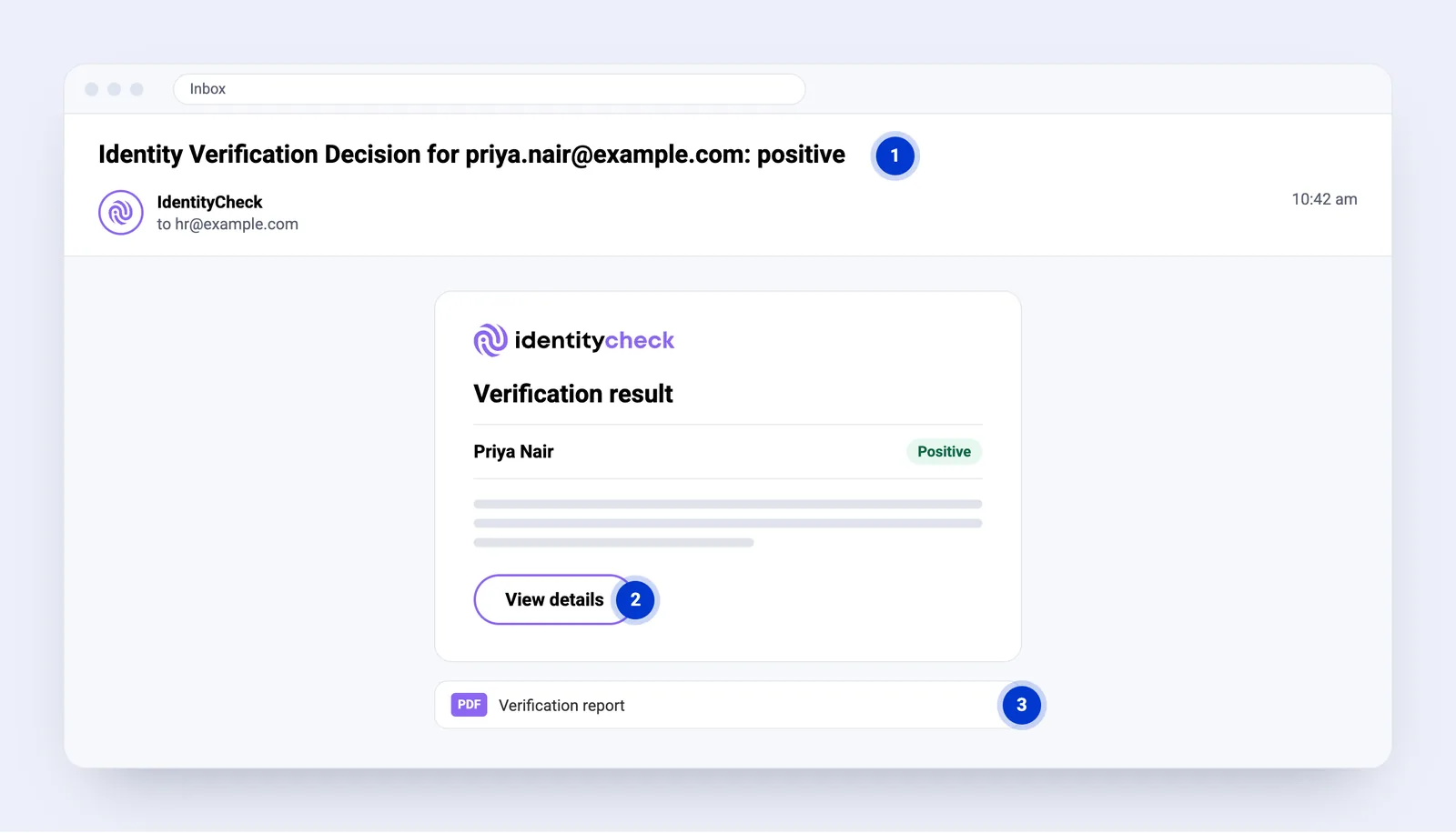 The email StackGo sends your team: the result in the subject line, a View details button, and the PDF report when attachments are turned on.