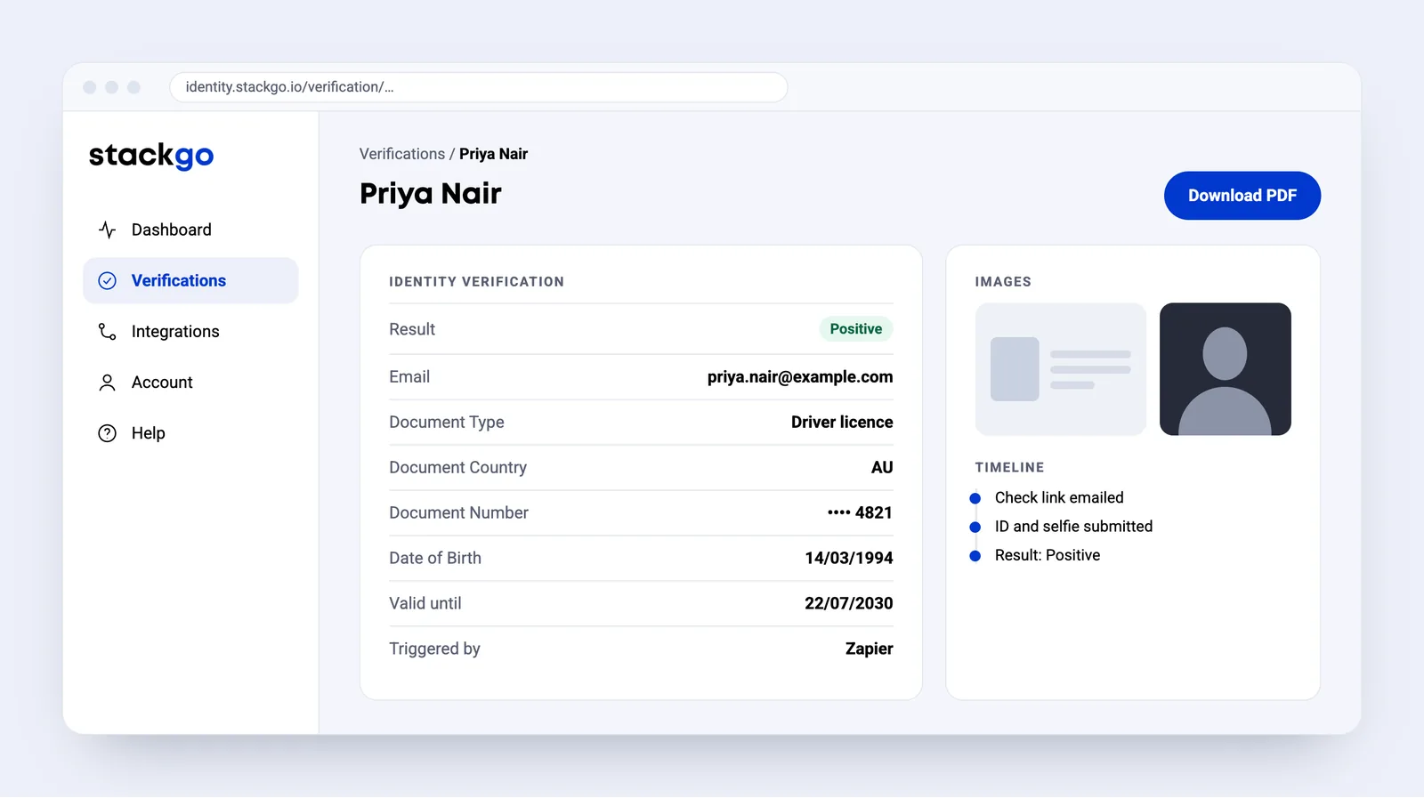 The verification report in StackGo: result Positive, document type, country, number, date of birth, expiry, the ID and selfie images, and a Download PDF button.