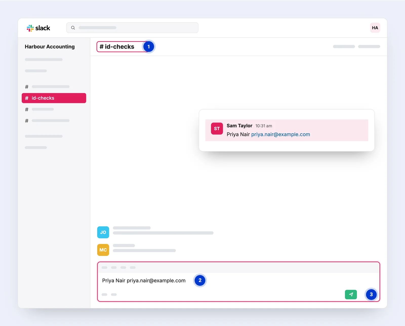 A Slack channel called id-checks with a message holding the client’s name and email, ready to send, and the posted message.