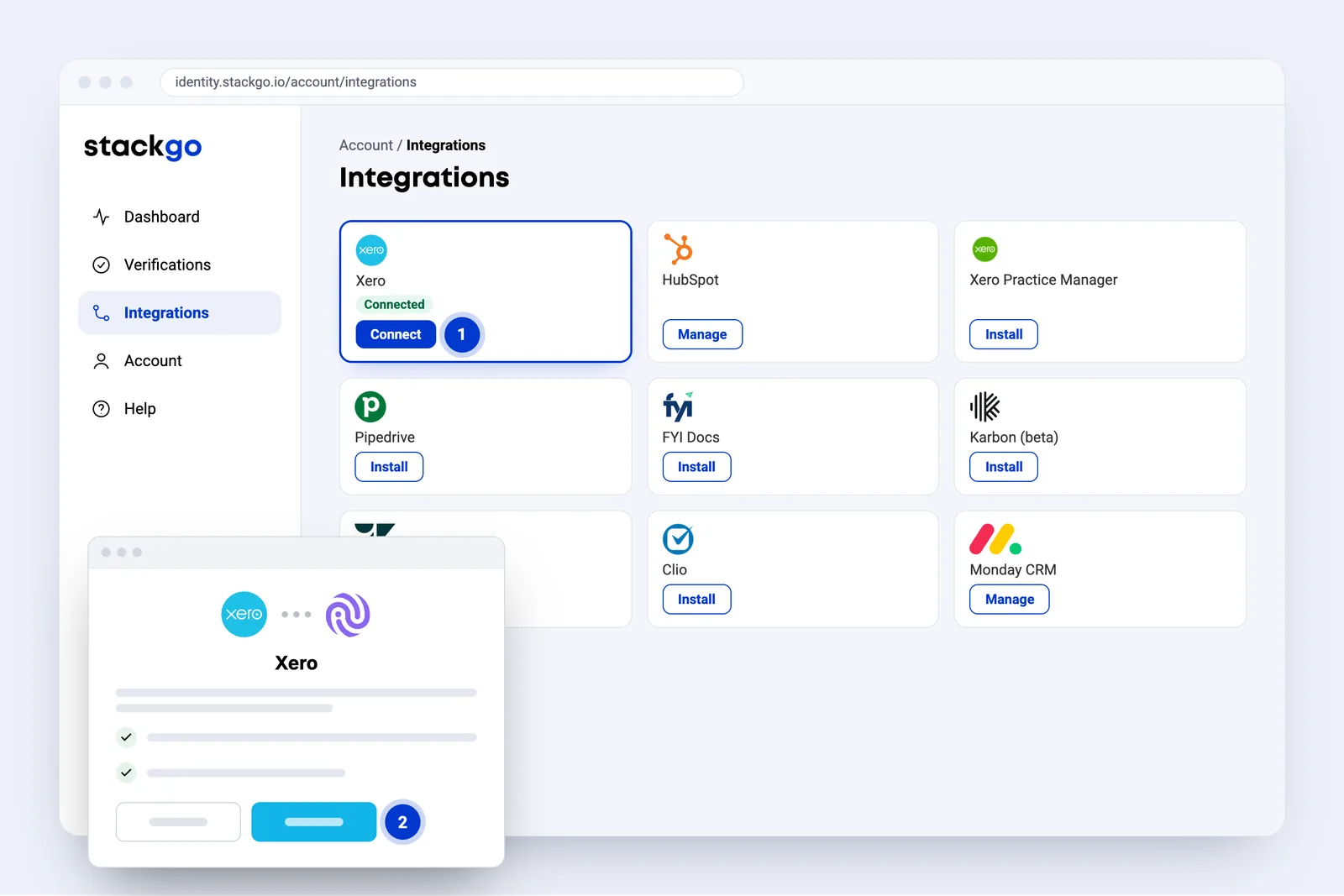 StackGo Integrations page with the Xero card connected, and the Xero sign-in pop-up that opens when you connect.