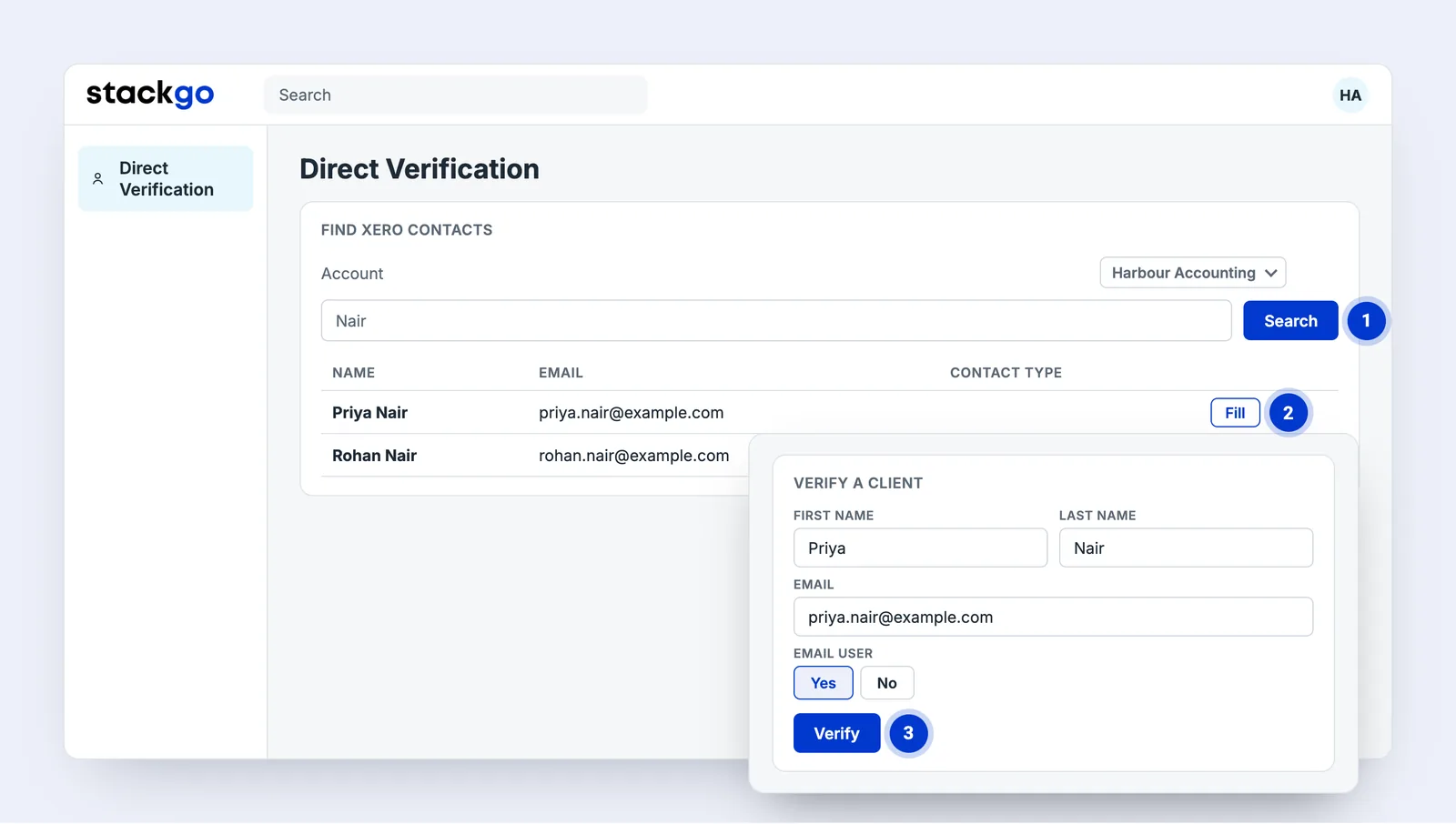 The Direct Verification page in StackGo: Find Xero Contacts with the Account and search, results with a Fill button, and the form with Email User and Verify.