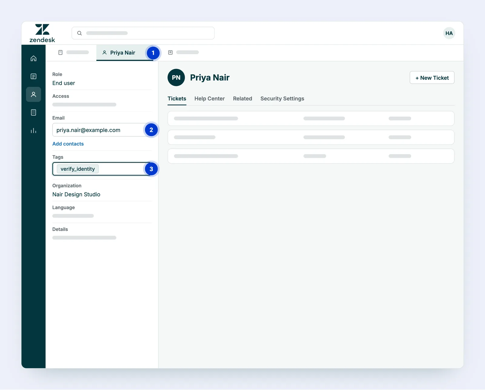 A Zendesk end-user profile with the email address and the verify_identity tag added under Tags.