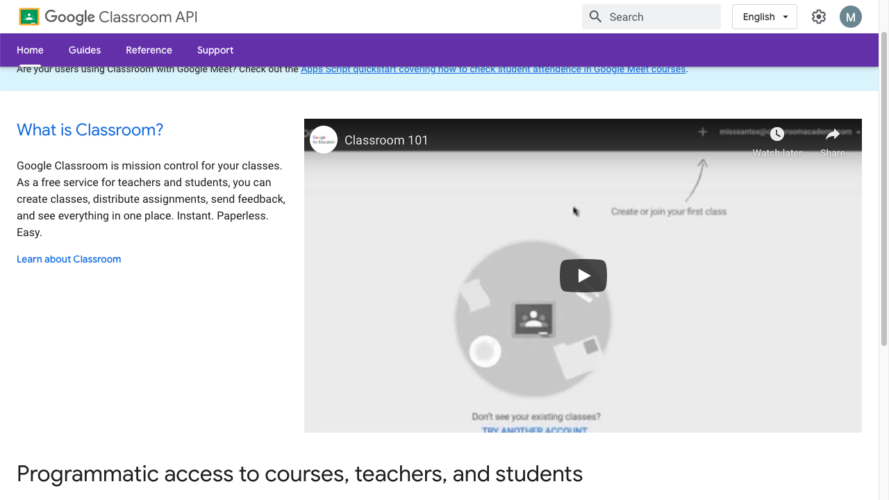 Google classroom developer documentation screenshot